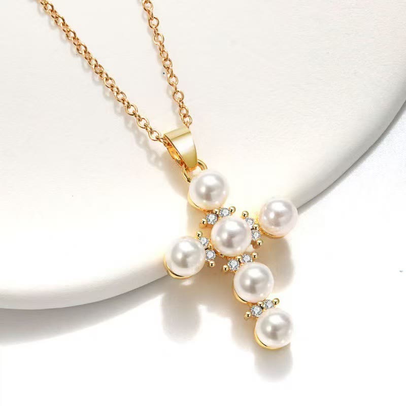 Christianartworkshop Lustrous Pearl Inlaid Diamond Cross Pendant Necklace: Emblem of Pure Heavenly Serenity - image 3