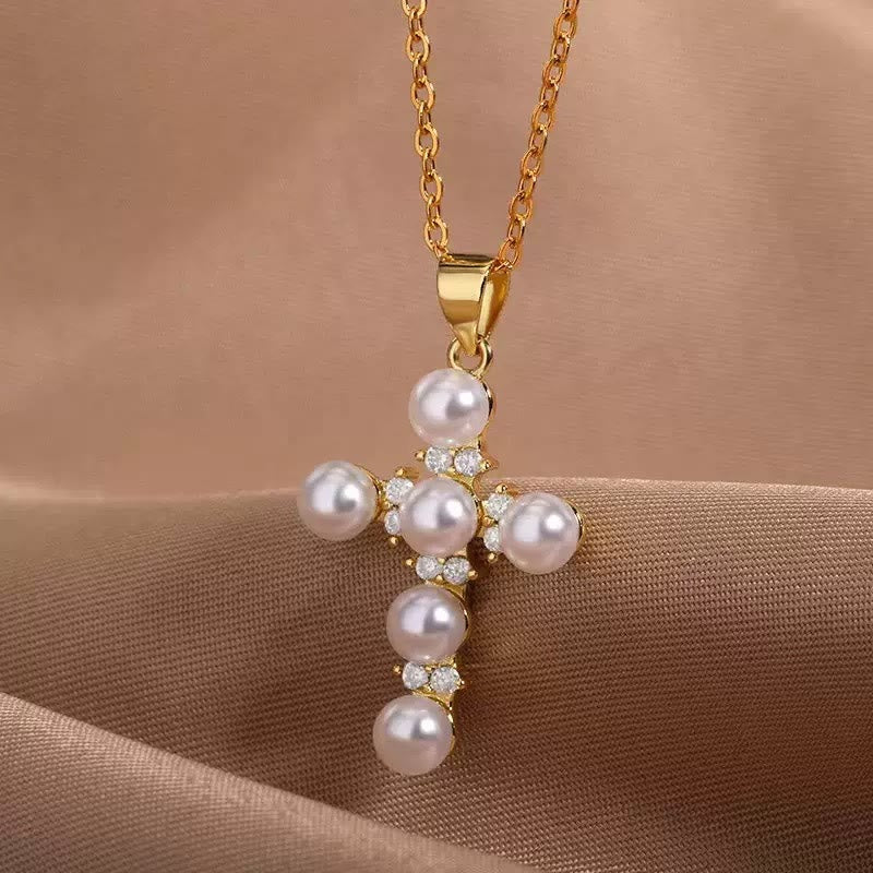 Christianartworkshop Lustrous Pearl Inlaid Diamond Cross Pendant Necklace: Emblem of Pure Heavenly Serenity - Cross - image 0