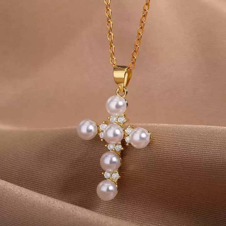 Christianartworkshop Lustrous Pearl Inlaid Diamond Cross Pendant Necklace: Emblem of Pure Heavenly Serenity - Cross - image 0