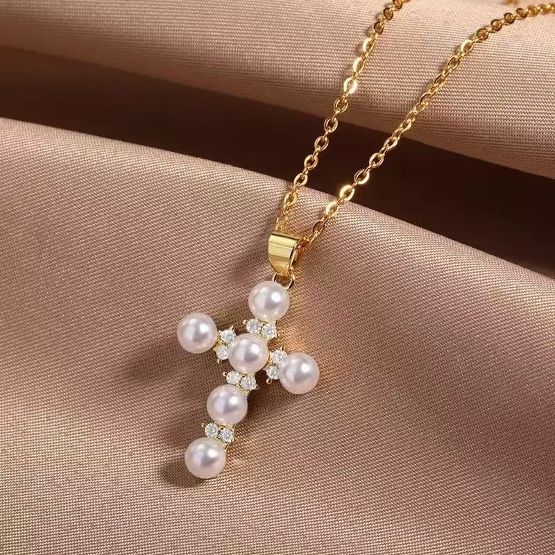 Christianartworkshop Lustrous Pearl Inlaid Diamond Cross Pendant Necklace: Emblem of Pure Heavenly Serenity - image 1