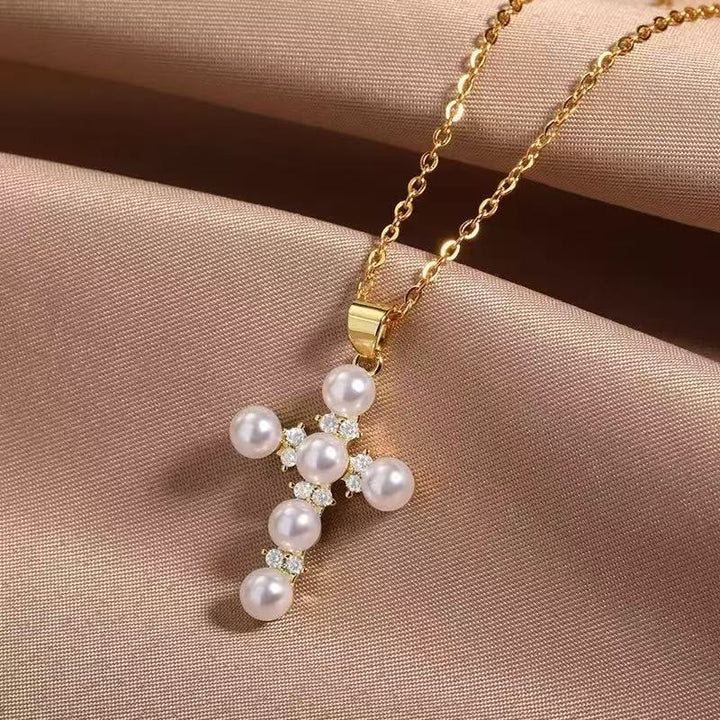 Christianartworkshop Lustrous Pearl Inlaid Diamond Cross Pendant Necklace: Emblem of Pure Heavenly Serenity - image 1