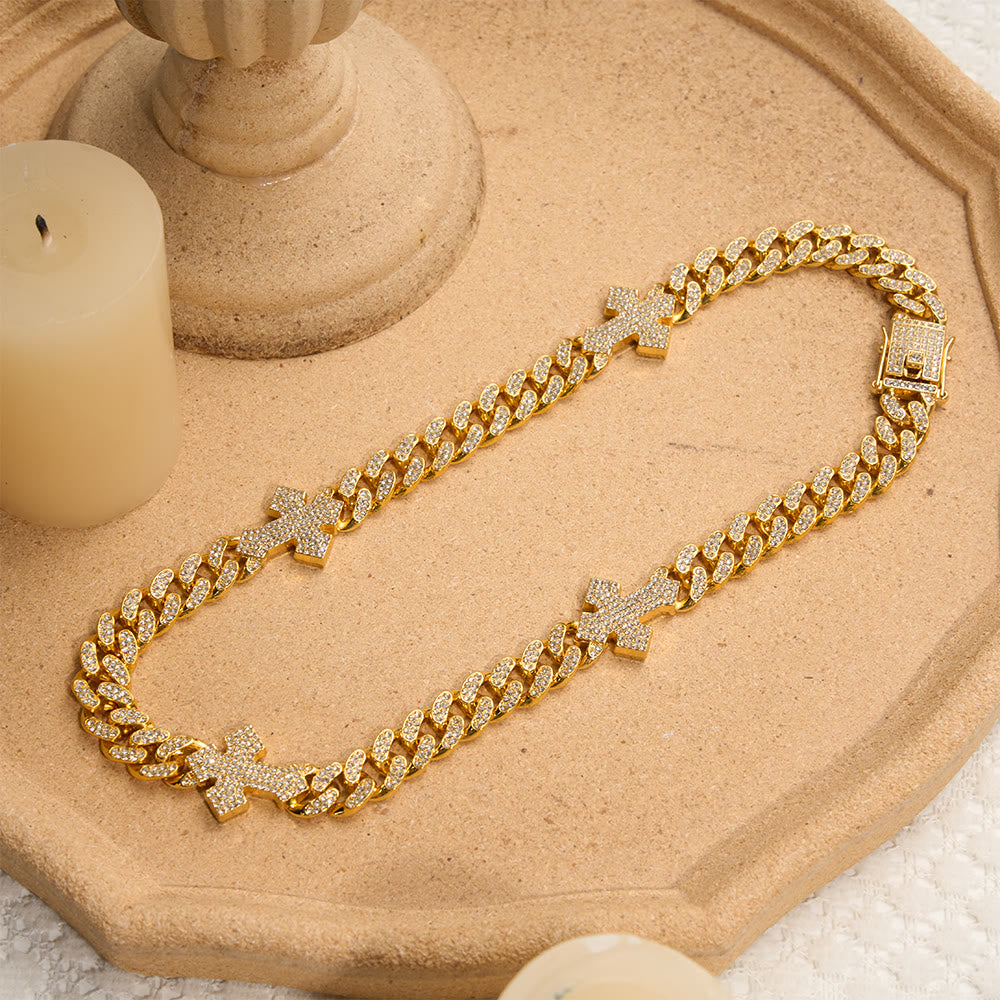 Christianartworkshop Iced Out Cuban Link Cross Bracelet & Necklace: Emblem of Bold Heavenly Fortitude - Golden - 50CM - image 5