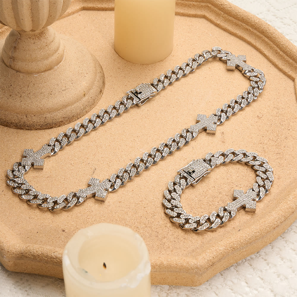 Christianartworkshop Iced Out Cuban Link Cross Bracelet & Necklace: Emblem of Bold Heavenly Fortitude - image 0