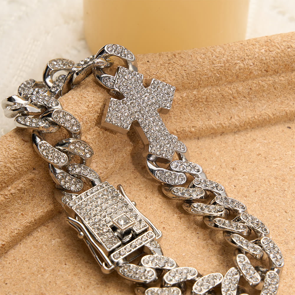 Christianartworkshop Iced Out Cuban Link Cross Bracelet & Necklace: Emblem of Bold Heavenly Fortitude - Silver - 20CM(Suitable for bracelet) - image 1
