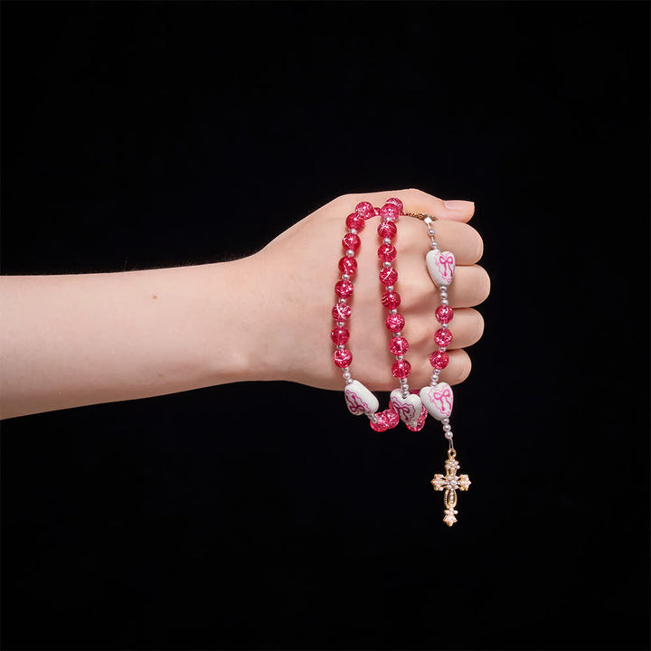 Christianartworkshop Pink Crackle Glass Rosary With Ceramic Heart Bow Beads & Our Lady Medal - image 2