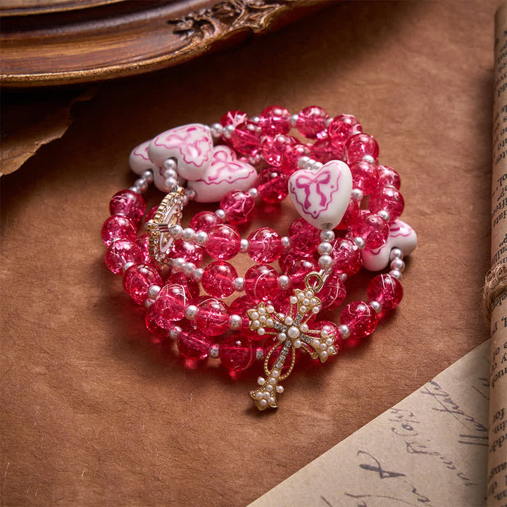 Christianartworkshop Pink Crackle Glass Rosary With Ceramic Heart Bow Beads & Our Lady Medal - image 7