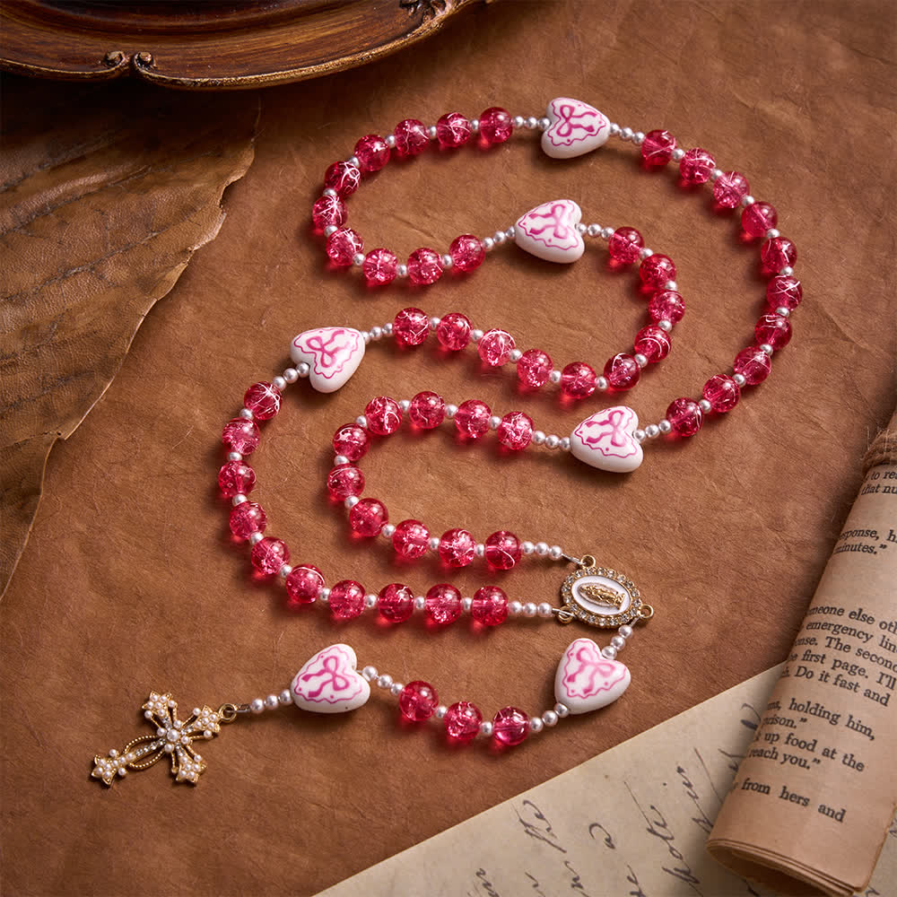Christianartworkshop Pink Crackle Glass Rosary With Ceramic Heart Bow Beads & Our Lady Medal - Pink - image 0