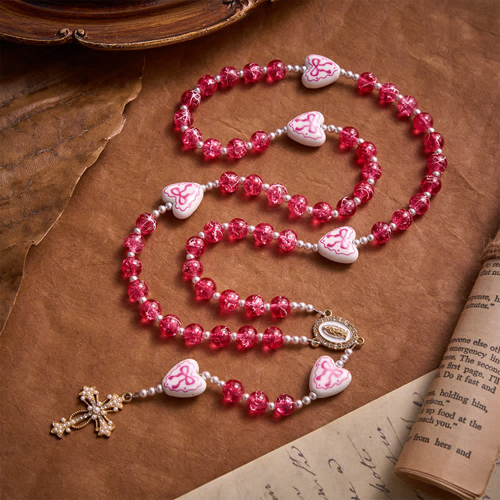 Christianartworkshop Pink Crackle Glass Rosary With Ceramic Heart Bow Beads & Our Lady Medal - Pink - image 0