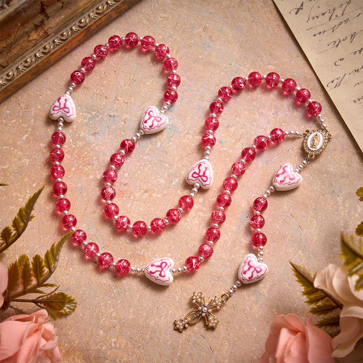 Christianartworkshop Pink Crackle Glass Rosary With Ceramic Heart Bow Beads & Our Lady Medal - image 5