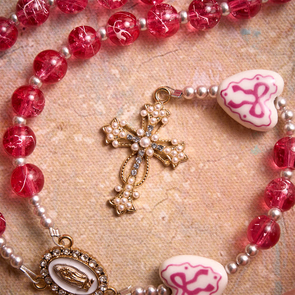 Christianartworkshop Pink Crackle Glass Rosary With Ceramic Heart Bow Beads & Our Lady Medal - image 10