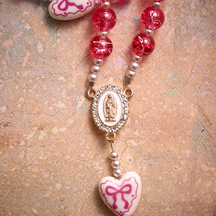 Christianartworkshop Pink Crackle Glass Rosary With Ceramic Heart Bow Beads & Our Lady Medal - image 9