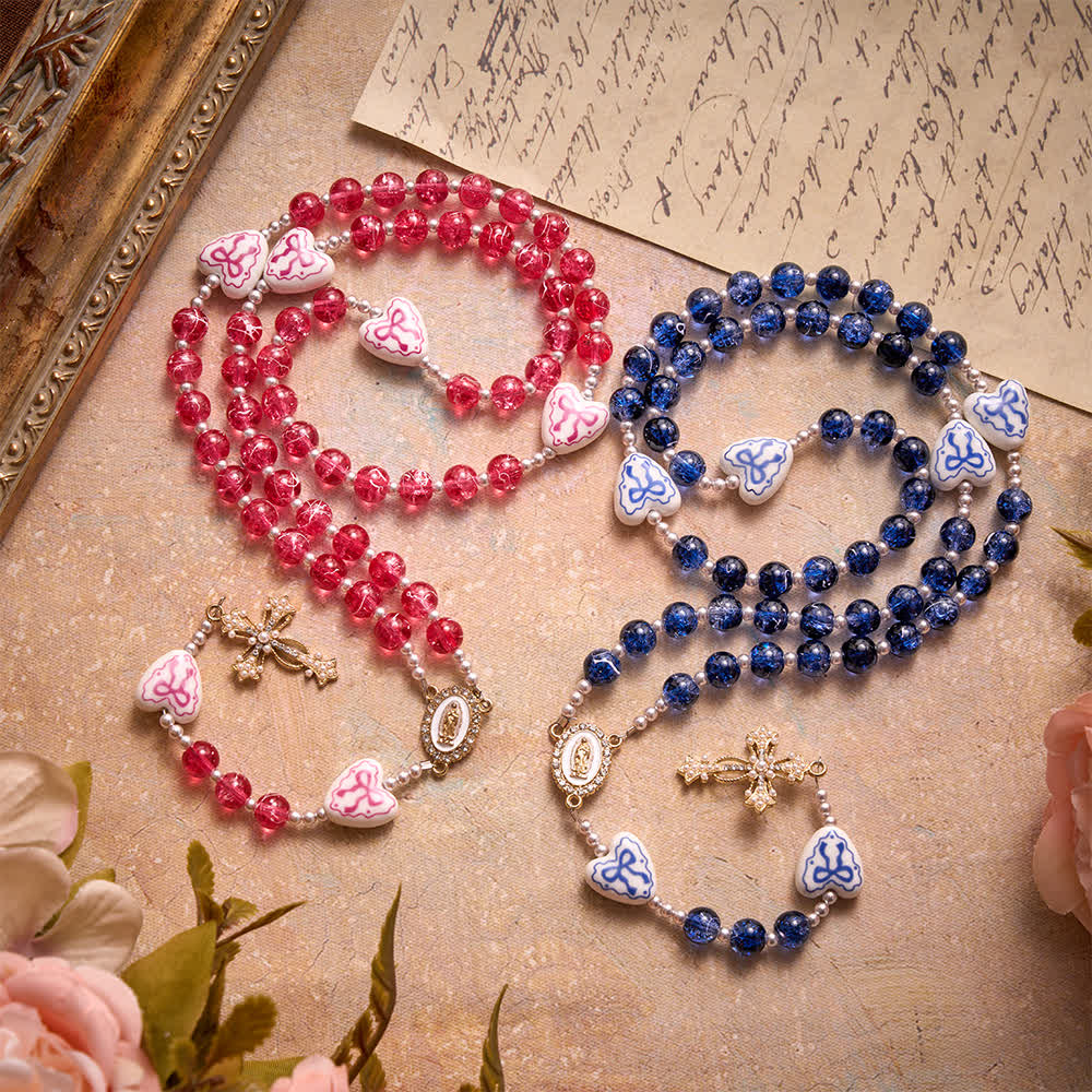 Christianartworkshop Pink Crackle Glass Rosary With Ceramic Heart Bow Beads & Our Lady Medal - image 1