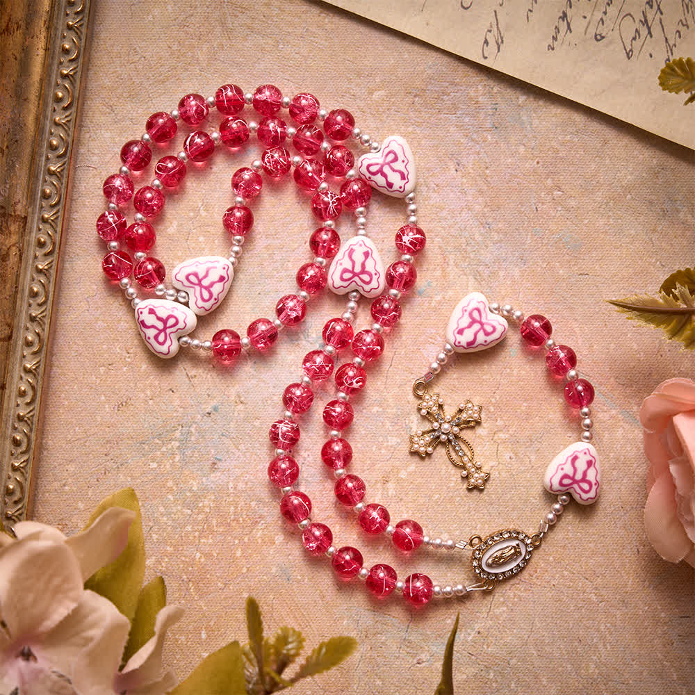 Christianartworkshop Pink Crackle Glass Rosary With Ceramic Heart Bow Beads & Our Lady Medal - image 6