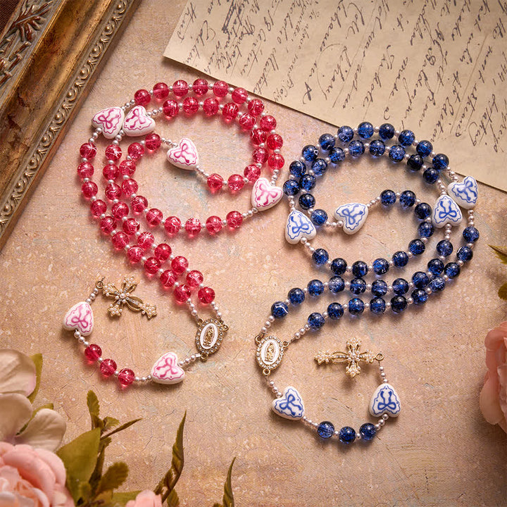 Christianartworkshop Blue Crackle Glass Rosary With Ceramic Heart Bow Beads & Our Lady Medal - image 1