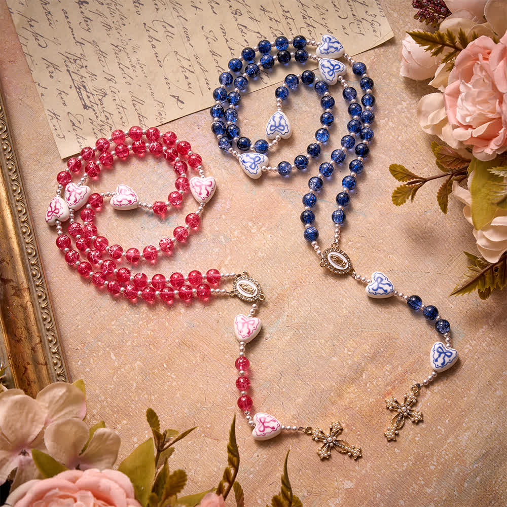 Christianartworkshop Pink Crackle Glass Rosary With Ceramic Heart Bow Beads & Our Lady Medal - image 3