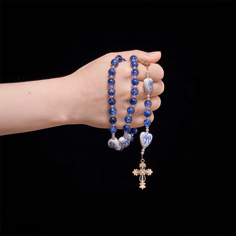 Christianartworkshop Blue Crackle Glass Rosary With Ceramic Heart Bow Beads & Our Lady Medal - image 4