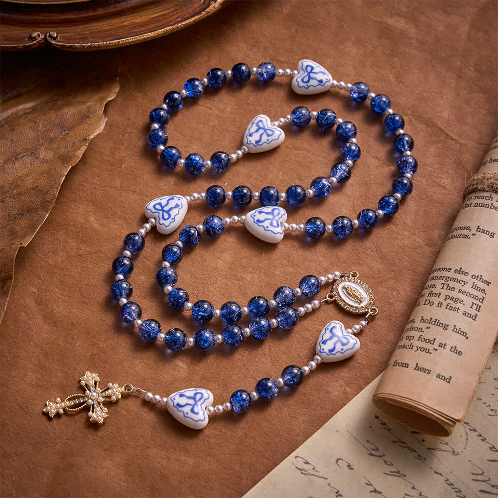 Christianartworkshop Blue Crackle Glass Rosary With Ceramic Heart Bow Beads & Our Lady Medal - image 5