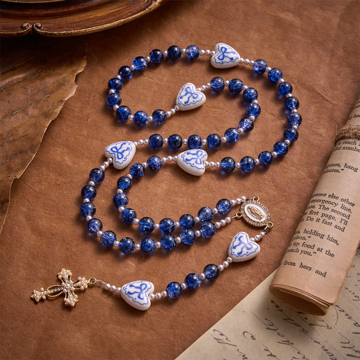Christianartworkshop Blue Crackle Glass Rosary With Ceramic Heart Bow Beads & Our Lady Medal - image 5