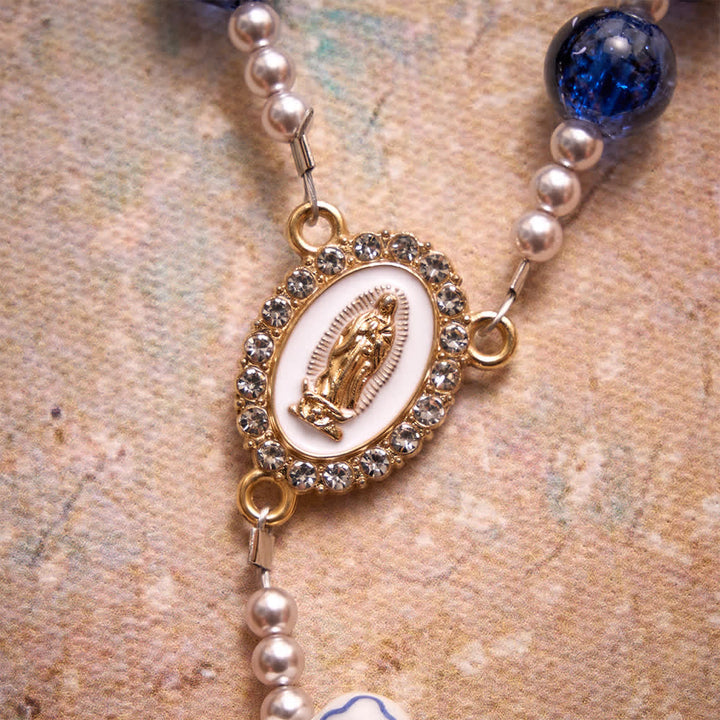 Christianartworkshop Blue Crackle Glass Rosary With Ceramic Heart Bow Beads & Our Lady Medal - image 9