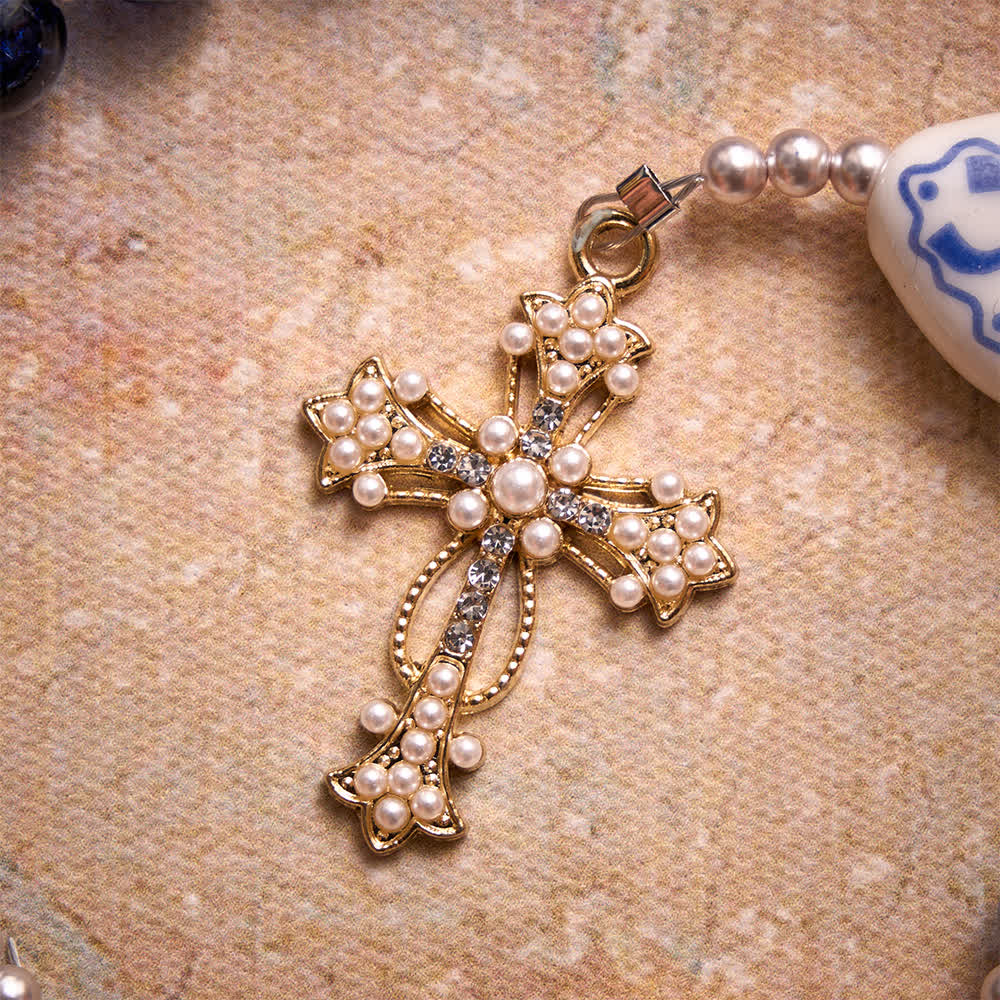 Christianartworkshop Blue Crackle Glass Rosary With Ceramic Heart Bow Beads & Our Lady Medal - image 10