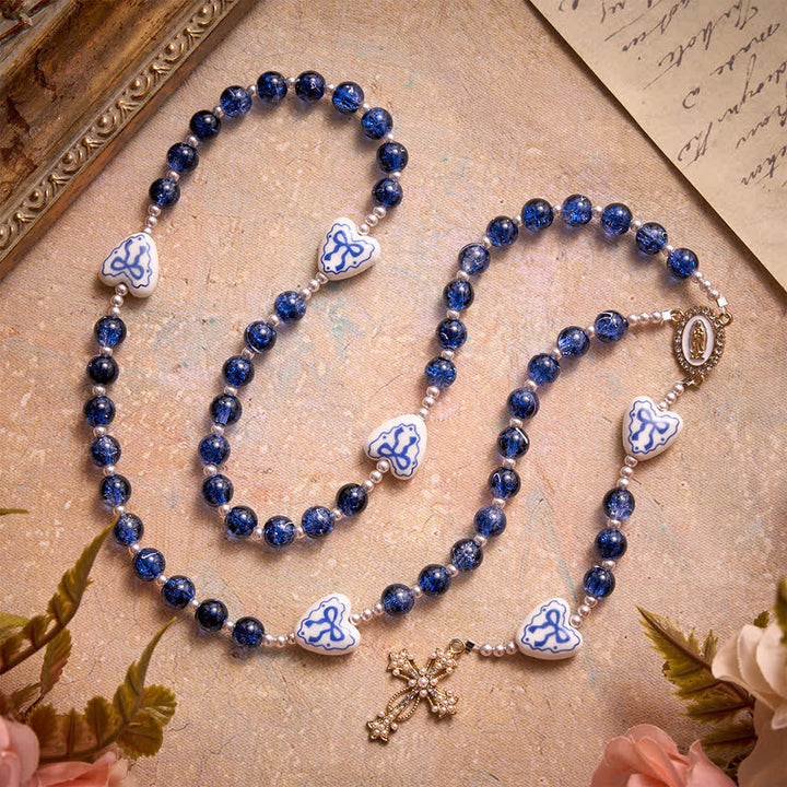 Christianartworkshop Blue Crackle Glass Rosary With Ceramic Heart Bow Beads & Our Lady Medal - image 6
