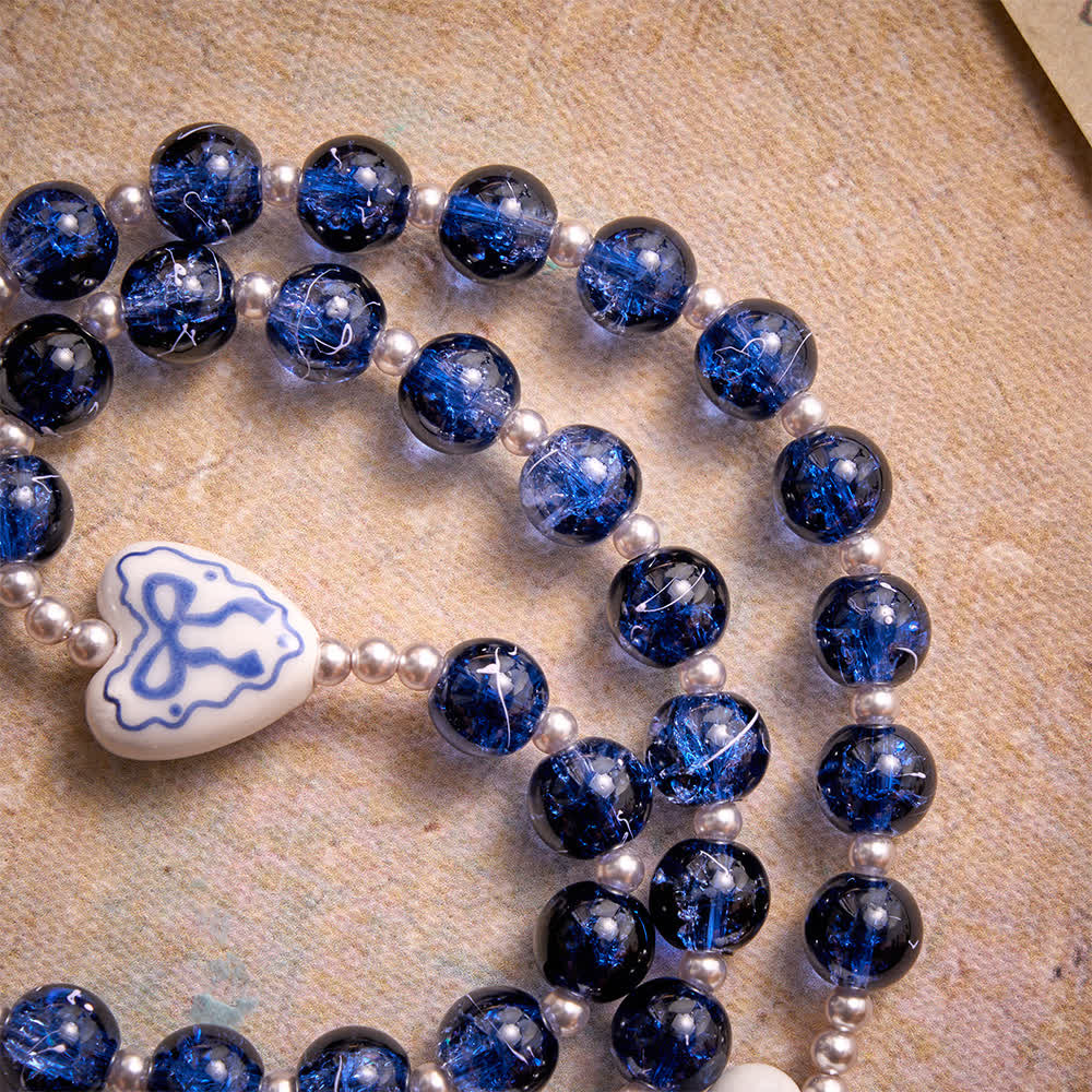 Christianartworkshop Blue Crackle Glass Rosary With Ceramic Heart Bow Beads & Our Lady Medal - image 8