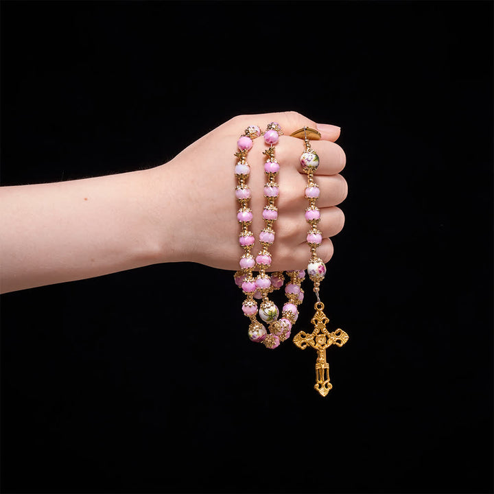 Christianartworkshop Floral Porcelain Glass Ball Rosary With Our Lady Heart Medal & Ornate Crucifix - image 1