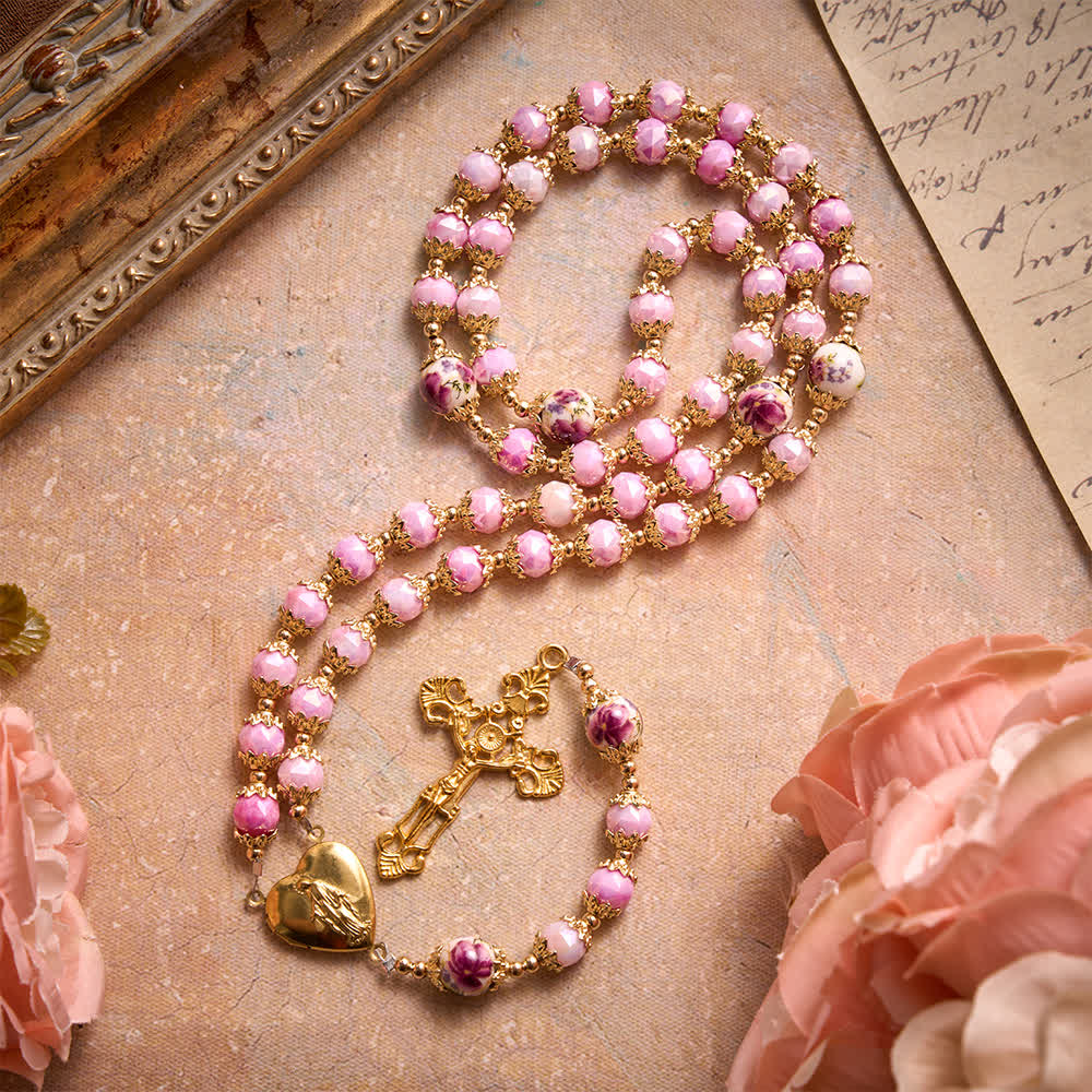 Christianartworkshop Floral Porcelain Glass Ball Rosary With Our Lady Heart Medal & Ornate Crucifix - Pink Floral Beads Rosary - image 0