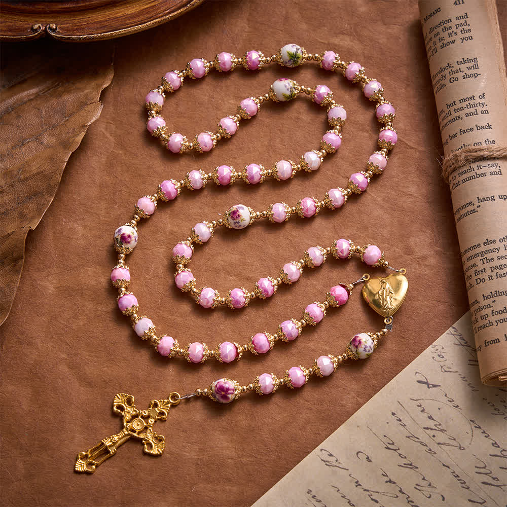 Christianartworkshop Floral Porcelain Glass Ball Rosary With Our Lady Heart Medal & Ornate Crucifix - image 4