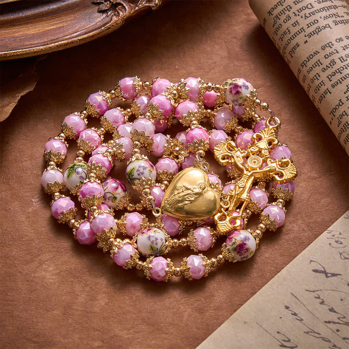 Christianartworkshop Floral Porcelain Glass Ball Rosary With Our Lady Heart Medal & Ornate Crucifix - image 2