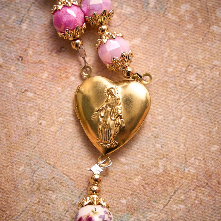 Christianartworkshop Floral Porcelain Glass Ball Rosary With Our Lady Heart Medal & Ornate Crucifix - image 6