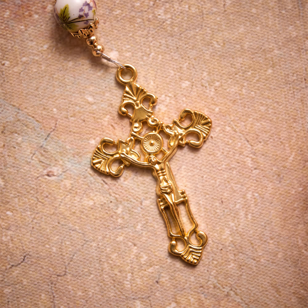 Christianartworkshop Floral Porcelain Glass Ball Rosary With Our Lady Heart Medal & Ornate Crucifix - image 7