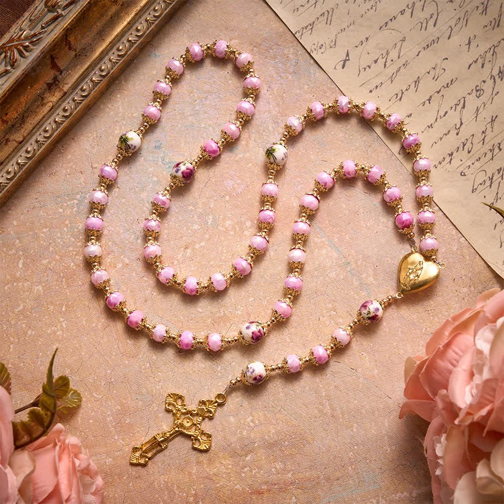 Christianartworkshop Floral Porcelain Glass Ball Rosary With Our Lady Heart Medal & Ornate Crucifix - image 3