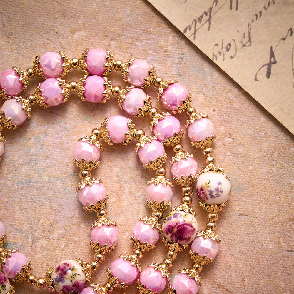 Christianartworkshop Floral Porcelain Glass Ball Rosary With Our Lady Heart Medal & Ornate Crucifix - image 5