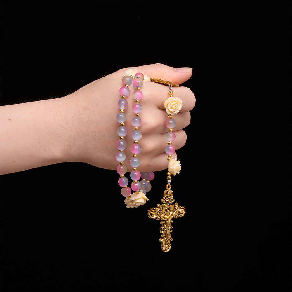 Christianartworkshop Dreamy Gradient Stained Glass Rose Rosary With St.Teresa Medallion - image 1