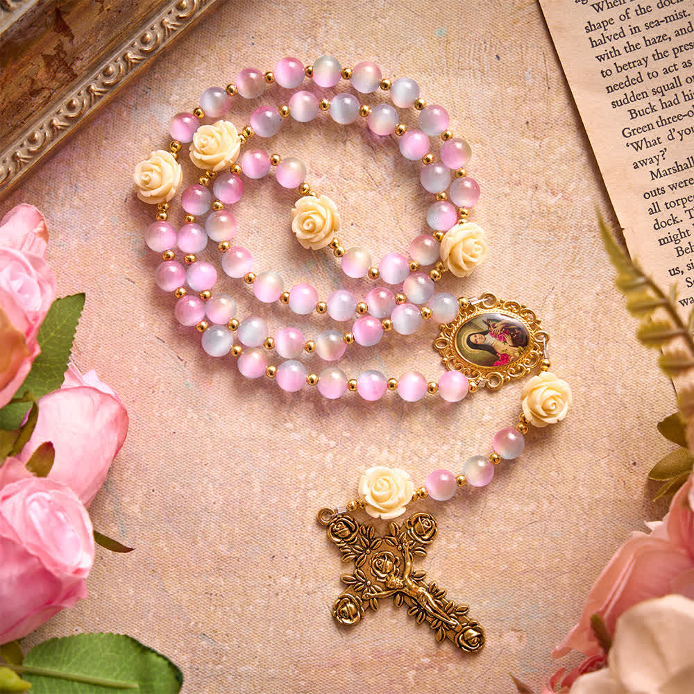 Christianartworkshop Dreamy Gradient Stained Glass Rose Rosary With St.Teresa Medallion - Dreamy-Toned Rosary & St.Teresa - image 0