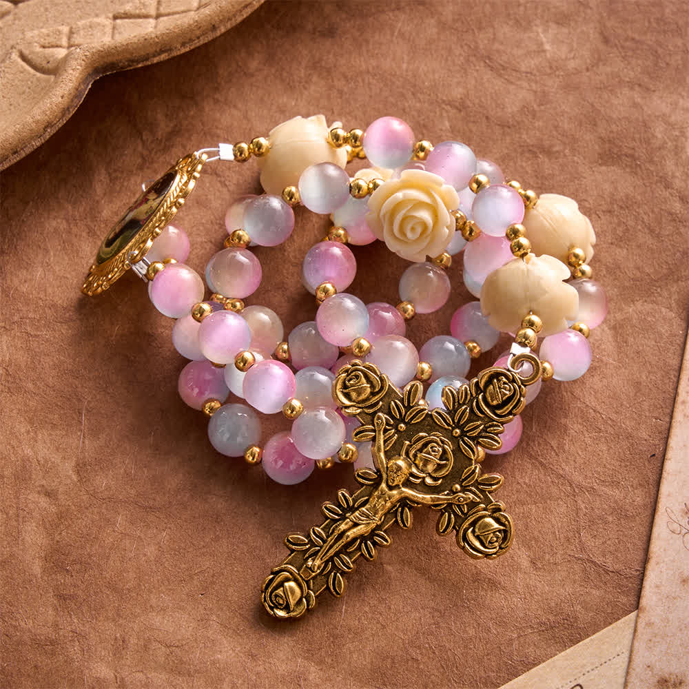 Christianartworkshop Dreamy Gradient Stained Glass Rose Rosary With St.Teresa Medallion - image 2
