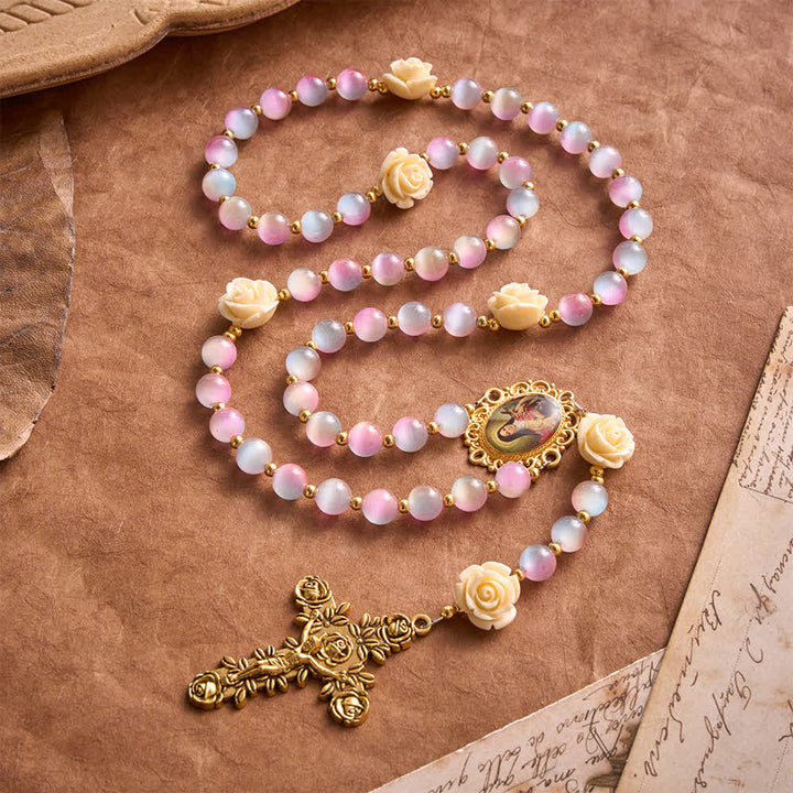 Christianartworkshop Dreamy Gradient Stained Glass Rose Rosary With St.Teresa Medallion - image 3