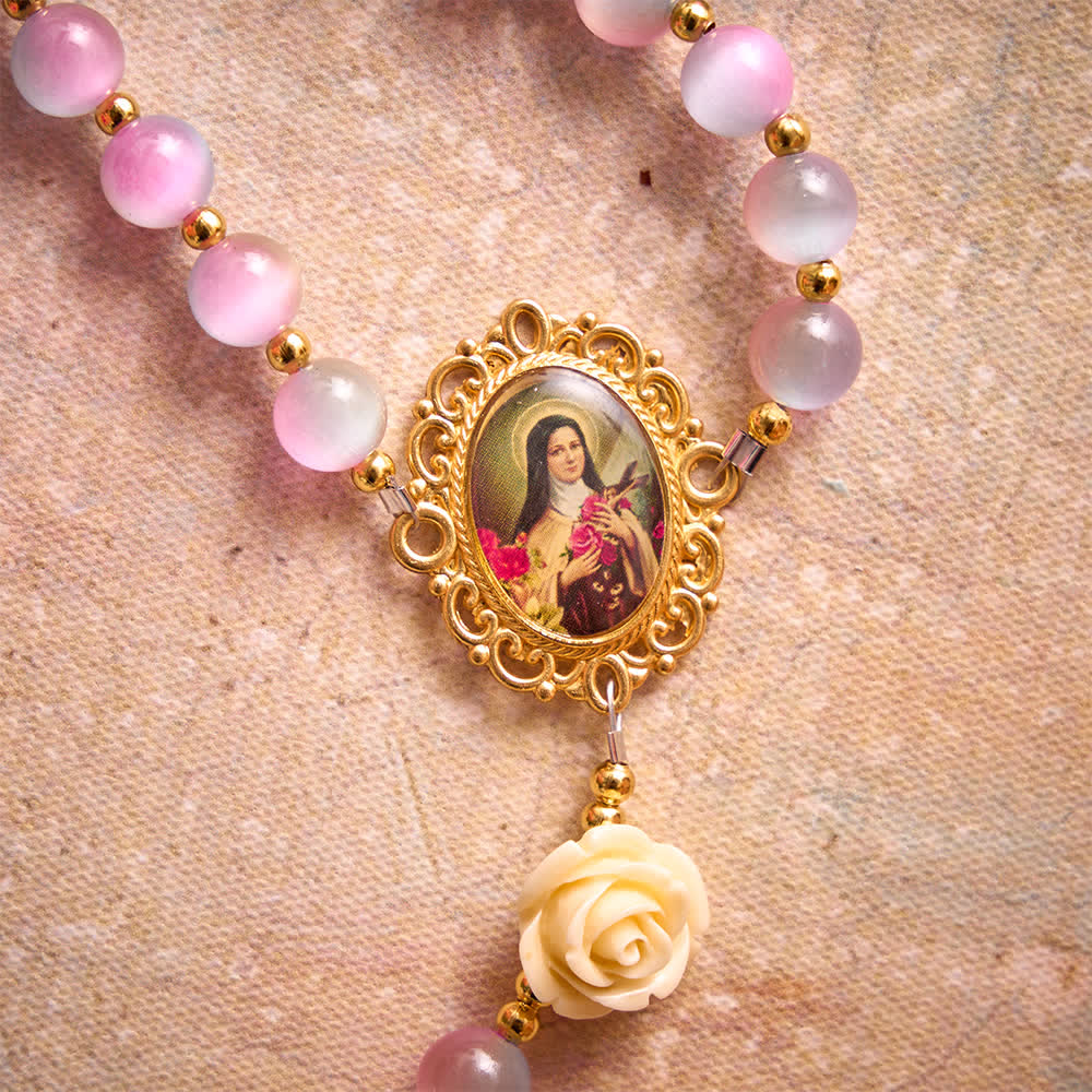 Christianartworkshop Dreamy Gradient Stained Glass Rose Rosary With St.Teresa Medallion - image 6