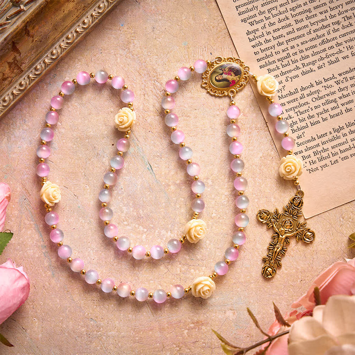 Christianartworkshop Dreamy Gradient Stained Glass Rose Rosary With St.Teresa Medallion - image 4