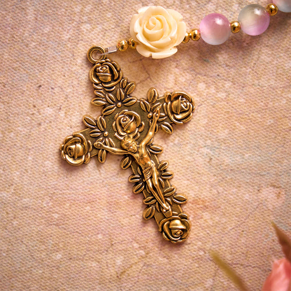 Christianartworkshop Dreamy Gradient Stained Glass Rose Rosary With St.Teresa Medallion - image 7