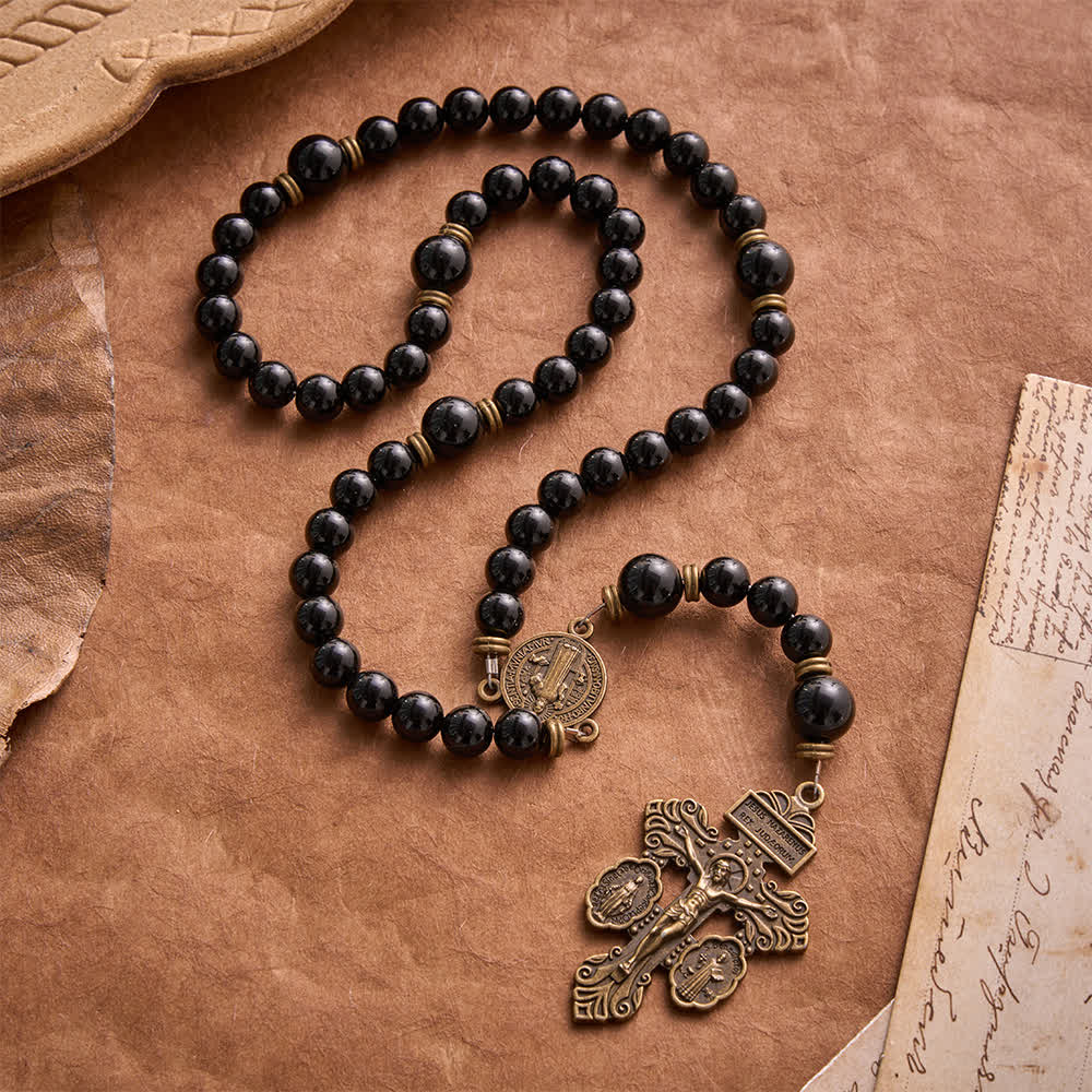 Christianartworkshop Polished Natural Obsidian St.Benedict Rosary: Emblem of Solid Heavenly Protection - image 3
