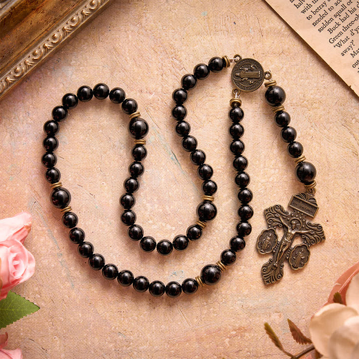 Christianartworkshop Polished Natural Obsidian St.Benedict Rosary: Emblem of Solid Heavenly Protection - Natural Obsidian Rosary - image 0