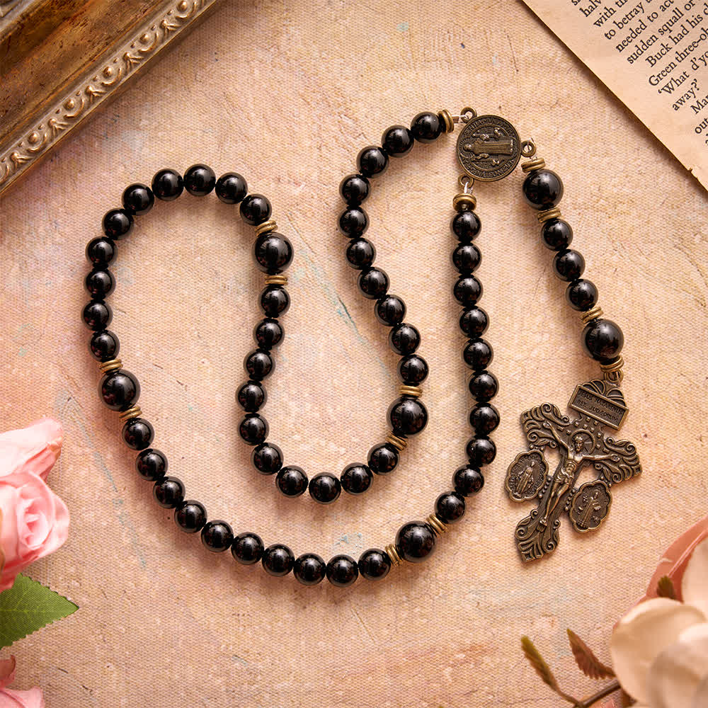 FREE Today: Polished Natural Obsidian St.Benedict Rosary: Emblem of Solid Heavenly Protection - Natural Obsidian Rosary - image 0