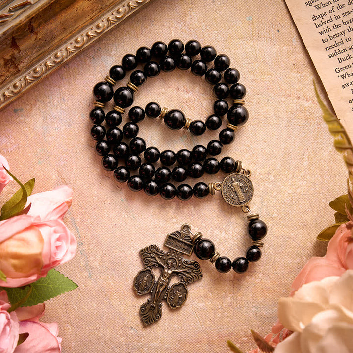 Christianartworkshop Polished Natural Obsidian St.Benedict Rosary: Emblem of Solid Heavenly Protection - image 2