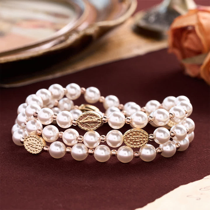 Christianartworkshop Multi-Loop Pearl Bracelet Rosary With Embossed Our Lady Medal: Emblem of Mild Heavenly Mercy - Pearl Beads Rosary Bracelet - image 0
