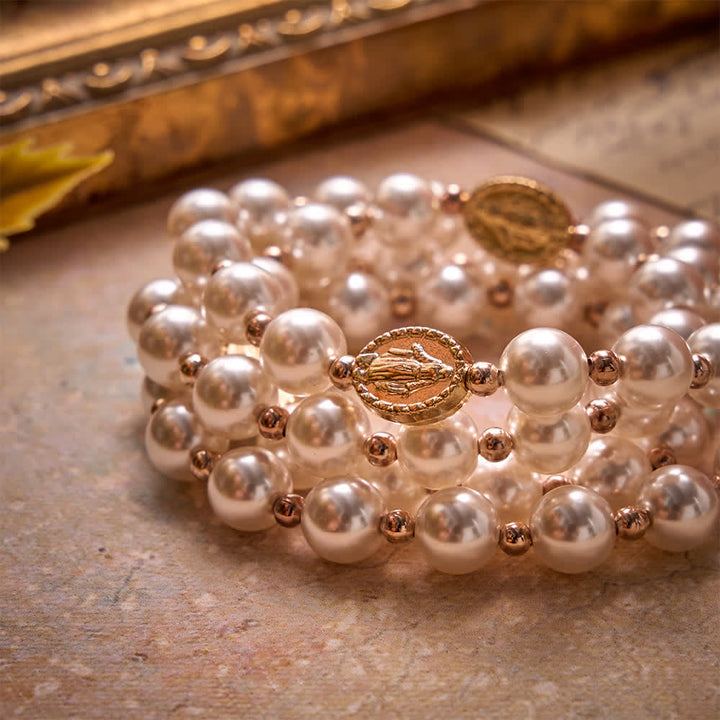 Christianartworkshop Multi-Loop Pearl Bracelet Rosary With Embossed Our Lady Medal: Emblem of Mild Heavenly Mercy - image 9