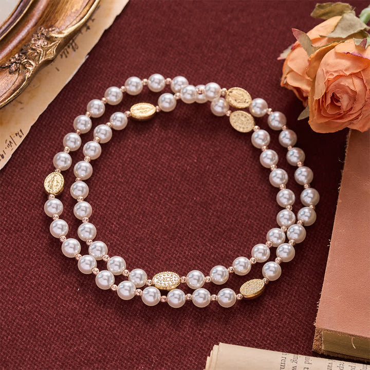 Christianartworkshop Multi-Loop Pearl Bracelet Rosary With Embossed Our Lady Medal: Emblem of Mild Heavenly Mercy - image 5