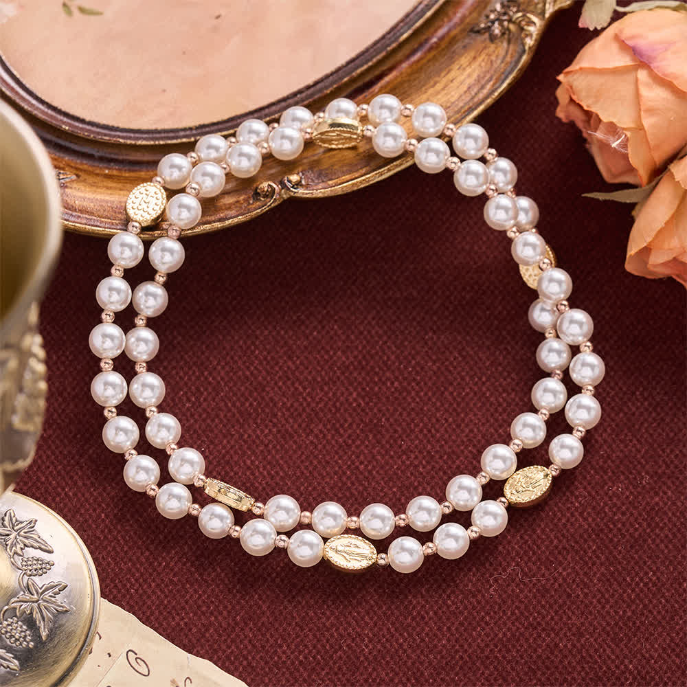 Christianartworkshop Multi-Loop Pearl Bracelet Rosary With Embossed Our Lady Medal: Emblem of Mild Heavenly Mercy - image 6