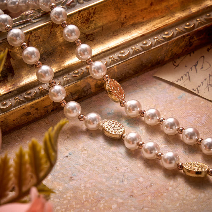 Christianartworkshop Multi-Loop Pearl Bracelet Rosary With Embossed Our Lady Medal: Emblem of Mild Heavenly Mercy - image 12